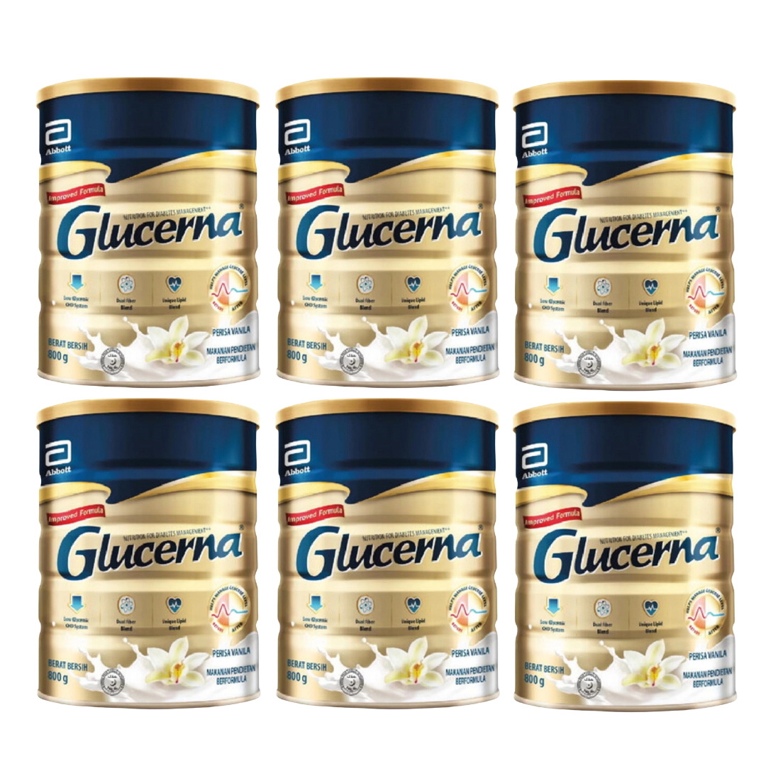 Glucerna Vanilla Powder 800g can for diabetes-specific balanced nutrition with low GI and slow-release carbohydrates.
