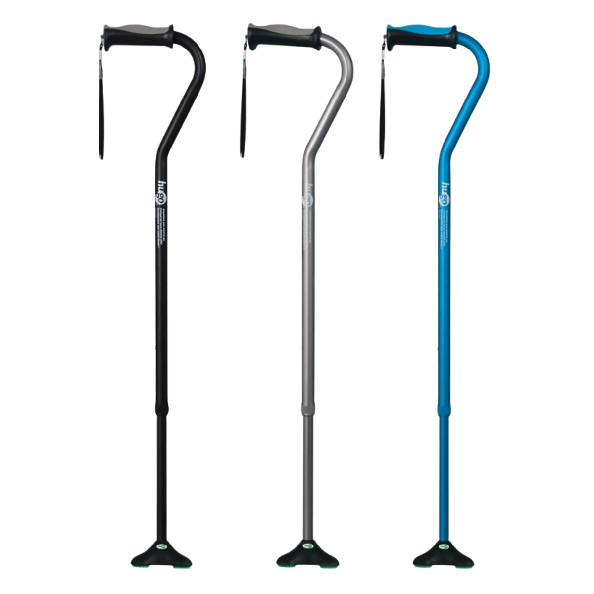 Product lineup of three HUGO Offset Canes with Quad Pod self-standing mobility aids, featuring offset handles, wrist straps, and quad bases, presented side-by-side in Ebony, Smoke, and Aquamarine color variants on a transparent background.