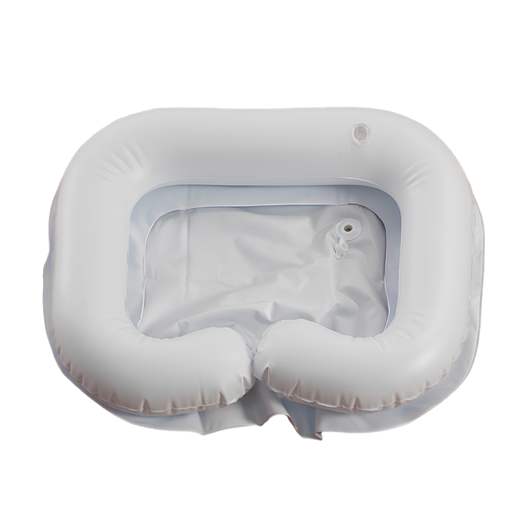 Inflatable shampoo basin with supportive neck rest, lightweight portable design, ideal for assisted hair washing, home care, and comfortable hygiene routines.