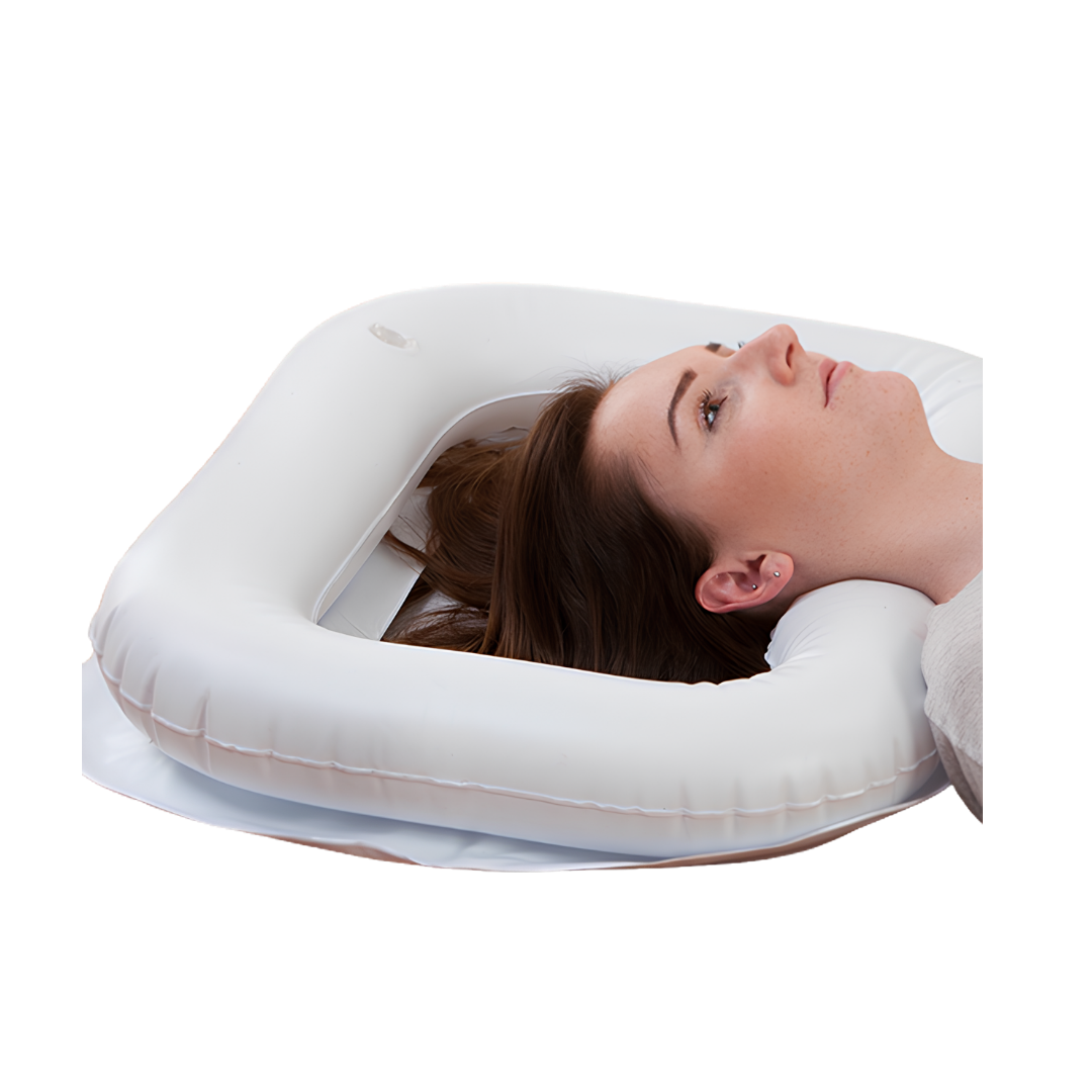 Inflatable shampoo basin with supportive neck rest, lightweight portable design, ideal for assisted hair washing, home care, and comfortable hygiene routines.
