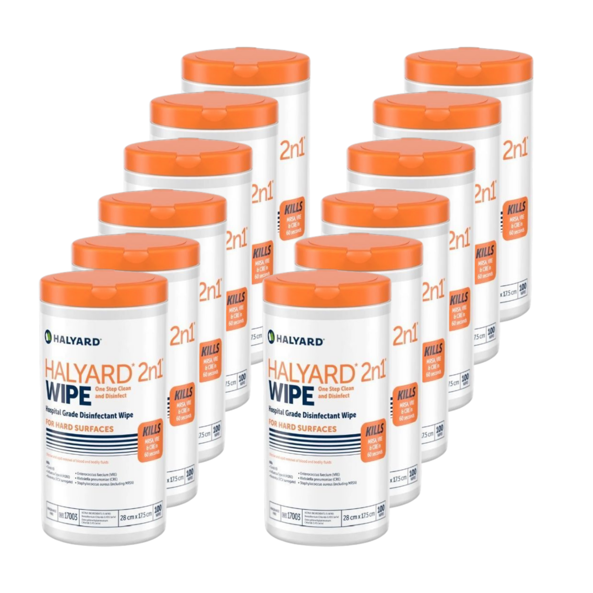 Multiple containers of Halyard 2in1 Wipe on a white background