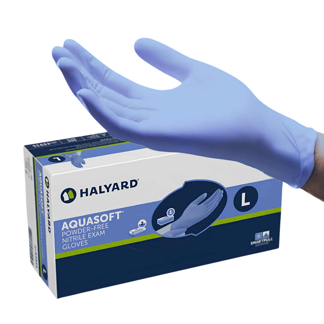 Halyard Aquasoft Nitrile Exam Gloves provide soft, latex-free protection with textured fingertips, available in sizes XS to XL for healthcare and daily care.