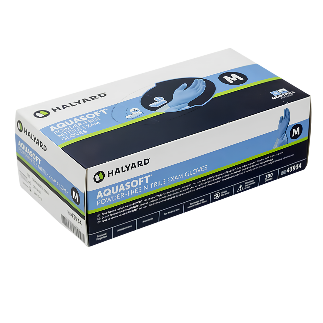 Halyard Aquasoft Nitrile Exam Gloves provide soft, latex-free protection with textured fingertips, available in sizes XS to XL for healthcare and daily care.