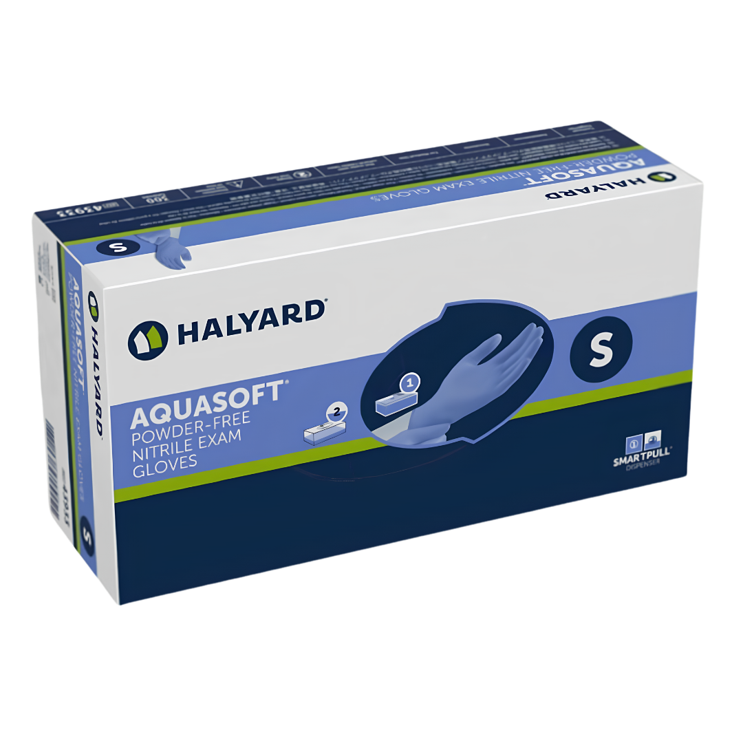 Halyard Aquasoft Nitrile Exam Gloves provide soft, latex-free protection with textured fingertips, available in sizes XS to XL for healthcare and daily care.
