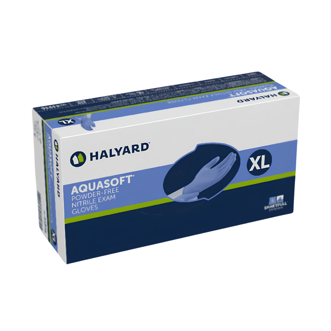 Halyard Aquasoft Nitrile Exam Gloves provide soft, latex-free protection with textured fingertips, available in sizes XS to XL for healthcare and daily care.