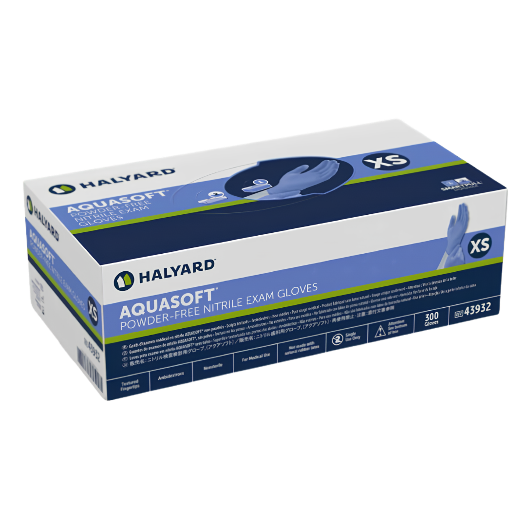 Halyard Aquasoft Nitrile Exam Gloves provide soft, latex-free protection with textured fingertips, available in sizes XS to XL for healthcare and daily care.