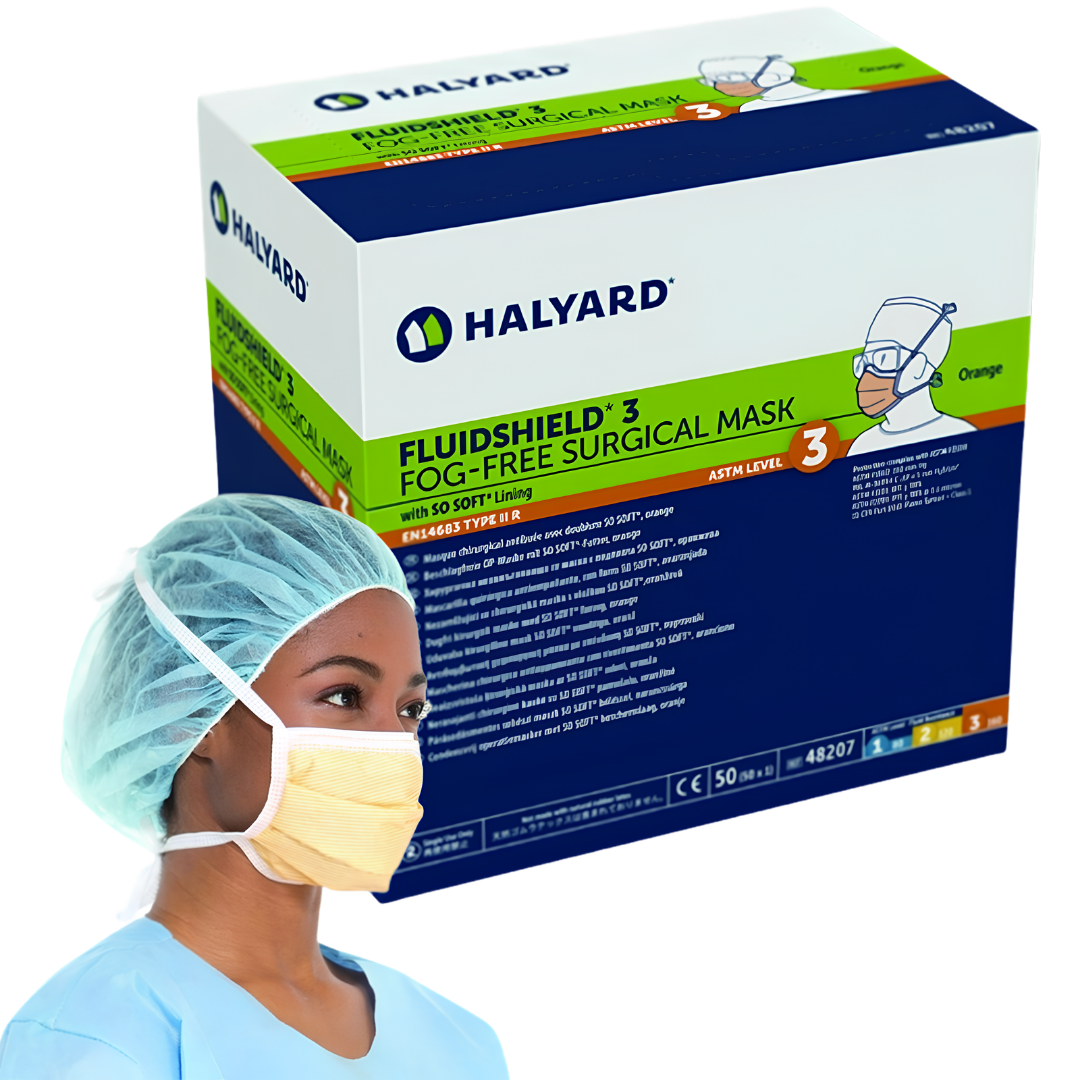 Halyard Fluidshield Level 3 Fog-Free Surgical Face Mask Orange provides maximum fluid protection with fog-free visibility for healthcare and surgical use.