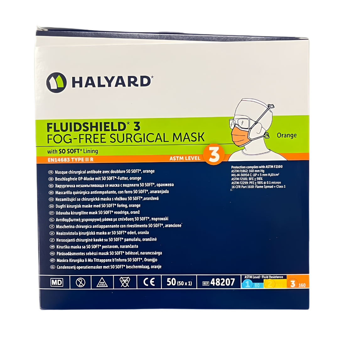 Halyard Fluidshield Level 3 Fog-Free Surgical Face Mask Orange provides maximum fluid protection with fog-free visibility for healthcare and surgical use.