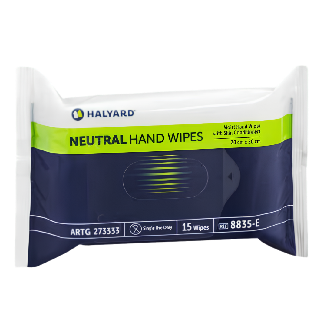 Halyard Neutral Hand Wipes Soft Pack 20cm x 20cm provide gentle disposable cleansing for hands, suitable for sensitive skin, healthcare, aged care, and daily hygiene.
