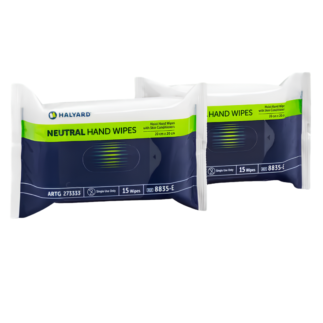 Halyard Neutral Hand Wipes Soft Pack 20cm x 20cm provide gentle disposable cleansing for hands, suitable for sensitive skin, healthcare, aged care, and daily hygiene.