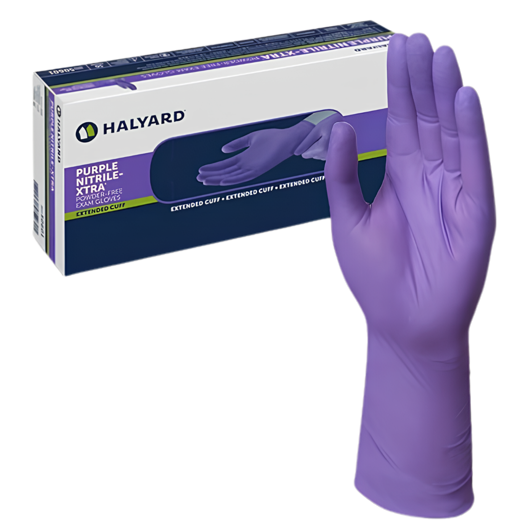 Halyard Purple Nitrile-Xtra High Risk Exam Gloves provide maximum barrier protection with extended cuff, available in sizes XS to XL for healthcare safety.