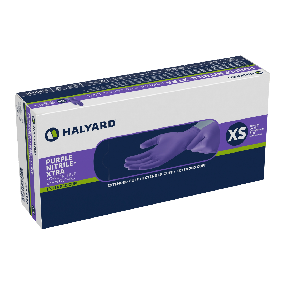 Halyard Purple Nitrile-Xtra High Risk Exam Gloves provide maximum barrier protection with extended cuff, available in sizes XS to XL for healthcare safety.