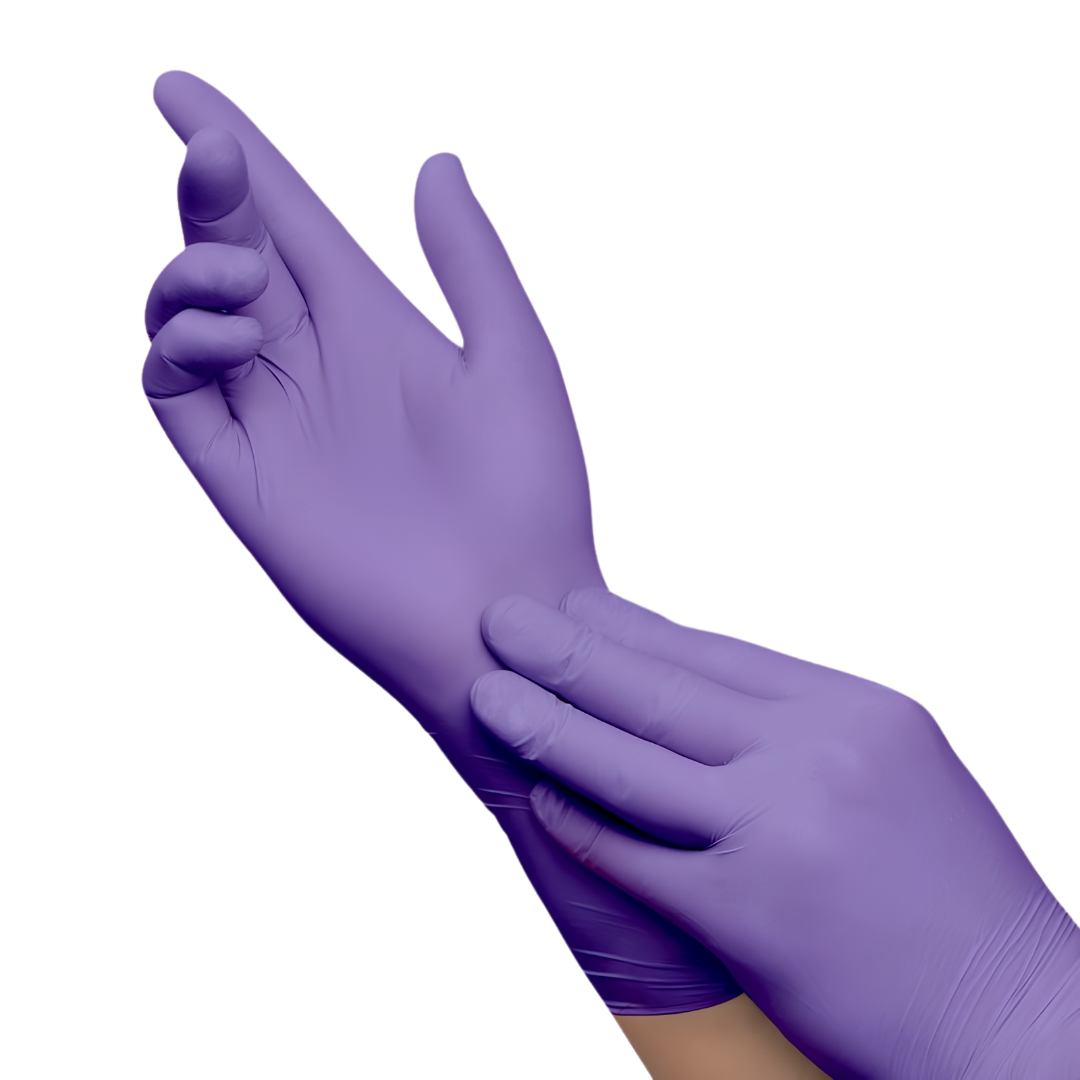 Halyard Purple Nitrile-Xtra High Risk Exam Gloves provide maximum barrier protection with extended cuff, available in sizes XS to XL for healthcare safety.