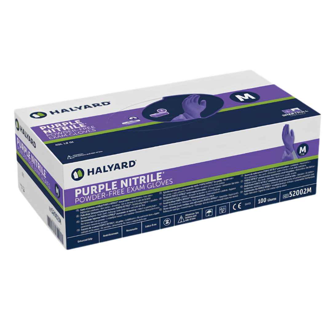 Halyard Purple Nitrile Exam Gloves provide durable, latex-free protection with textured fingertips, available in sizes XS to Large for healthcare and daily care.