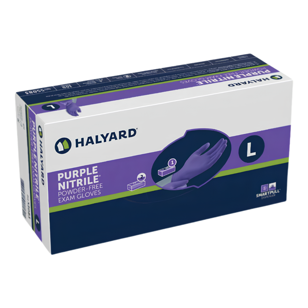 Halyard Purple Nitrile Exam Gloves provide durable, latex-free protection with textured fingertips, available in sizes XS to Large for healthcare and daily care.