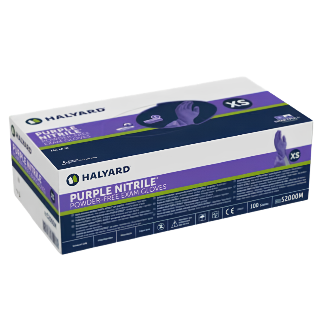 Halyard Purple Nitrile Exam Gloves provide durable, latex-free protection with textured fingertips, available in sizes XS to Large for healthcare and daily care.