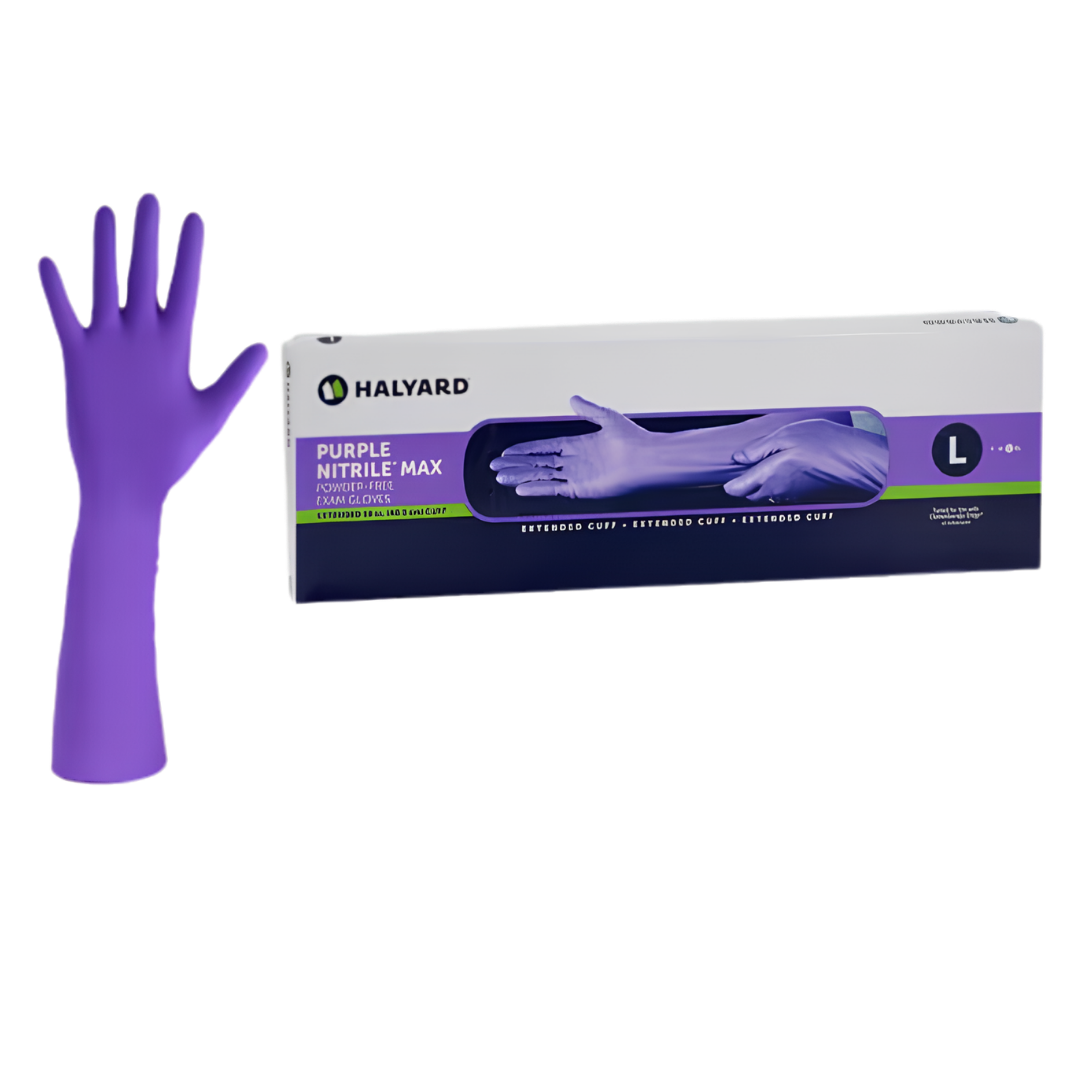 Halyard Purple Nitrile Max Exam Gloves provide maximum strength, latex-free protection with textured fingertips, available in sizes Small to Extra Large.