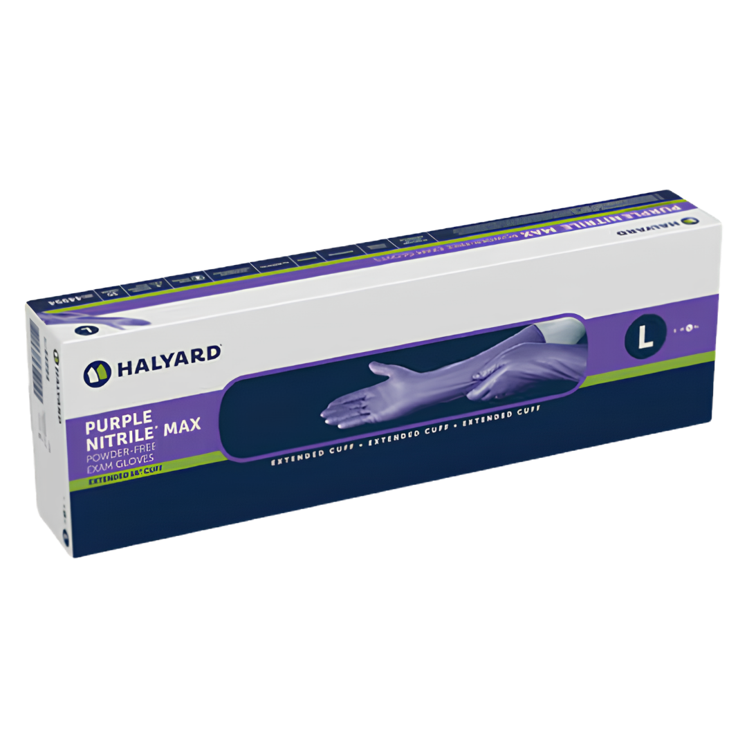 Halyard Purple Nitrile Max Exam Gloves provide maximum strength, latex-free protection with textured fingertips, available in sizes Small to Extra Large.