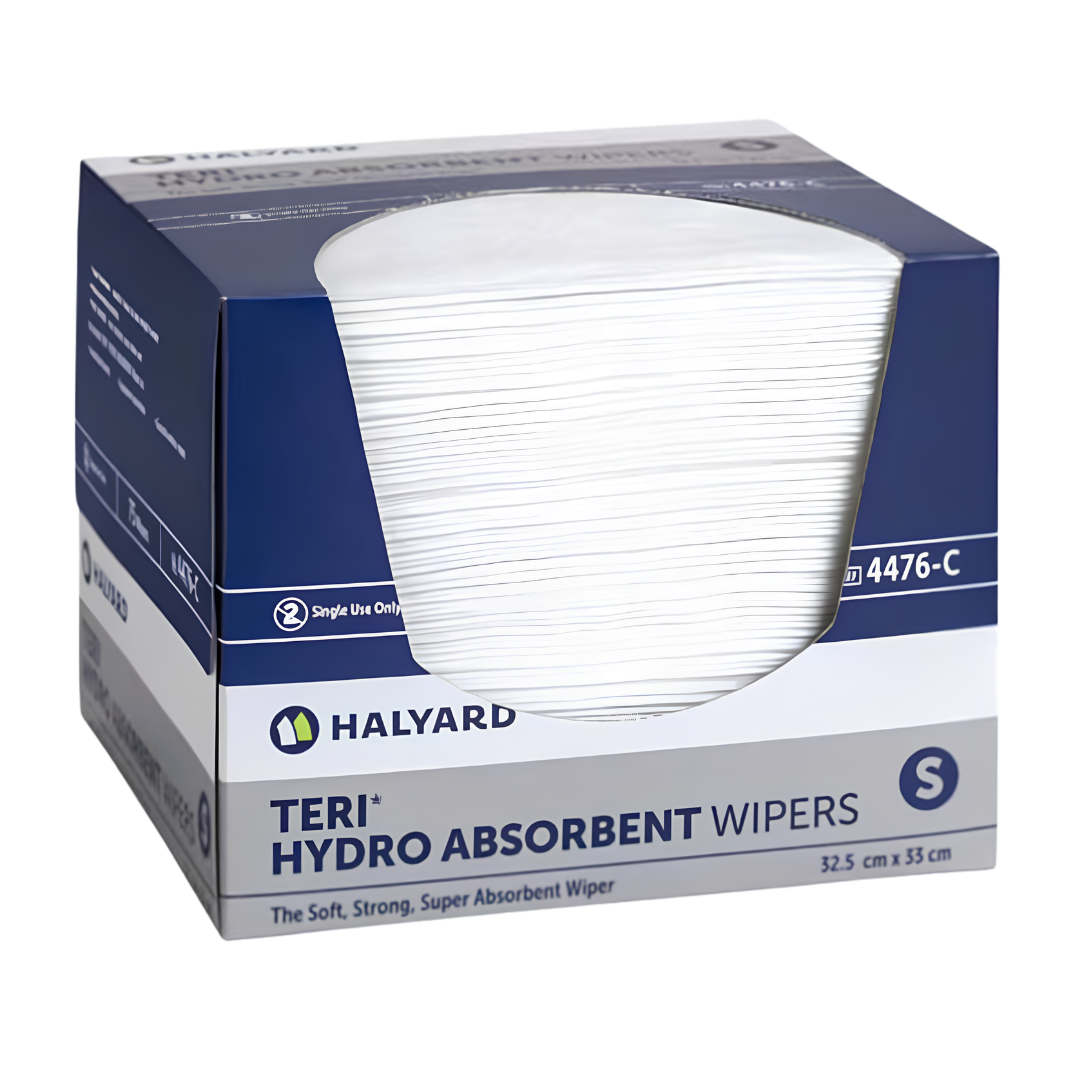 Halyard Teri Wiper Hydroknit Low Lint wipes provide strong, low-lint disposable cleaning support, available in small and large sizes for patient care and hygiene.
