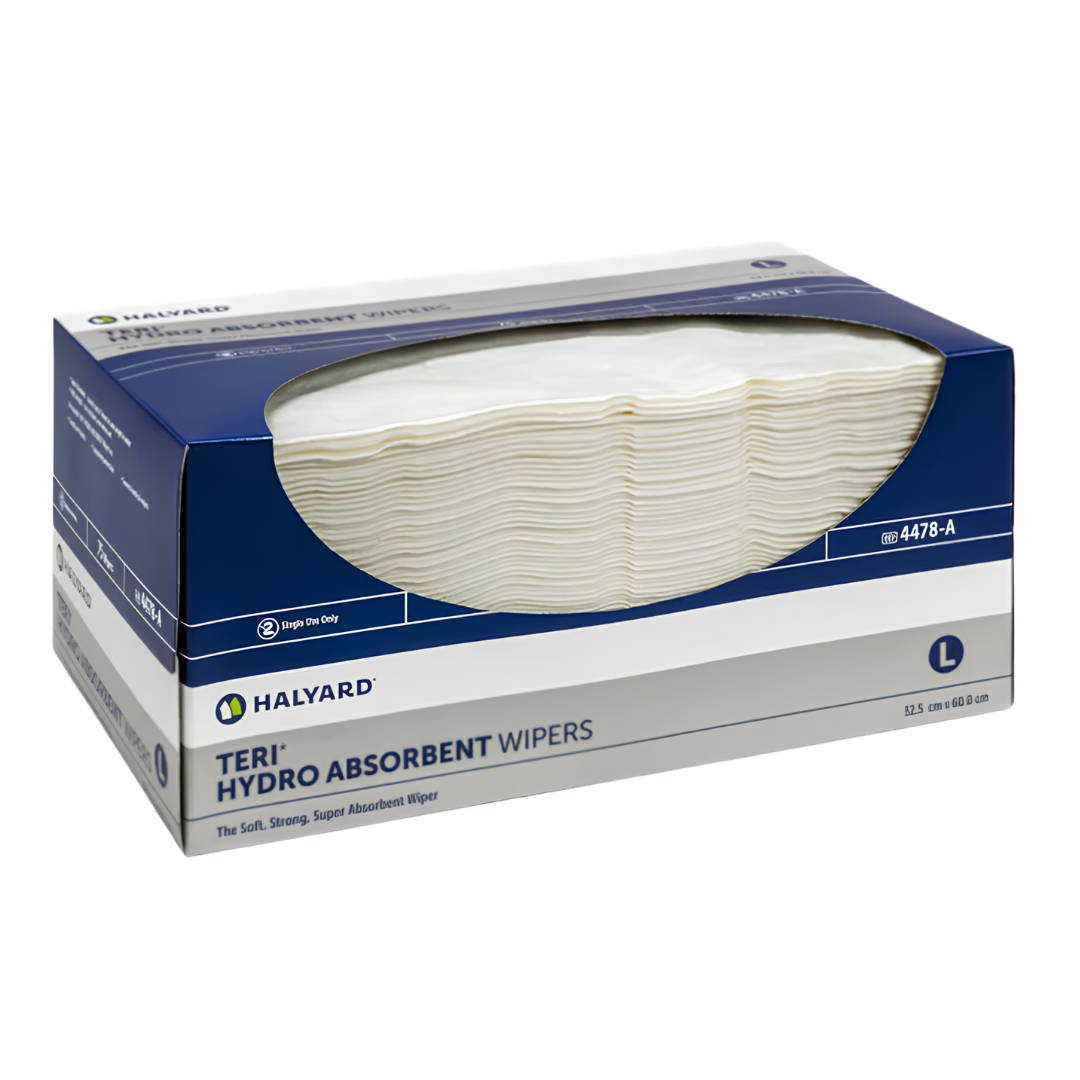 Halyard Teri Wiper Hydroknit Low Lint wipes provide strong, low-lint disposable cleaning support, available in small and large sizes for patient care and hygiene.
