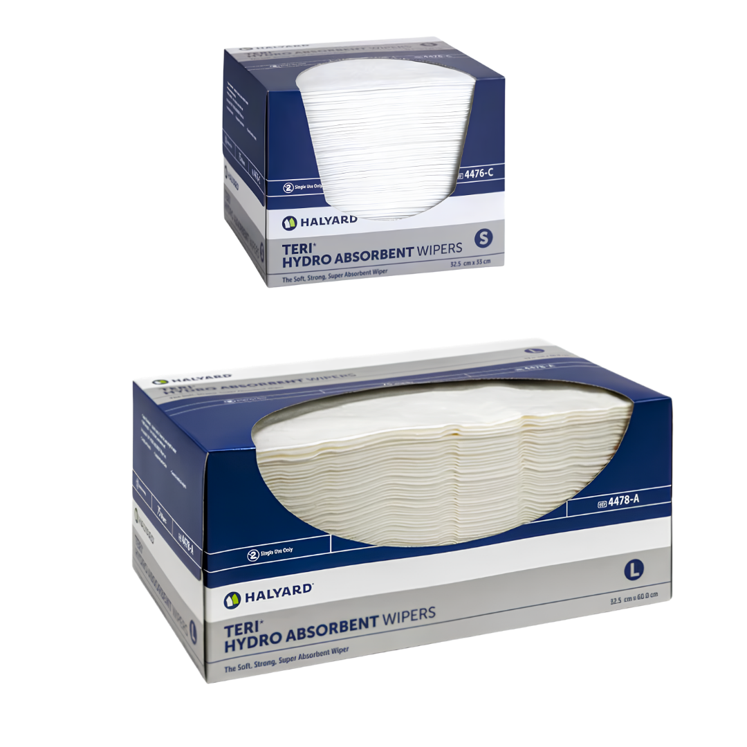 Halyard Teri Wiper Hydroknit Low Lint wipes provide strong, low-lint disposable cleaning support, available in small and large sizes for patient care and hygiene.
