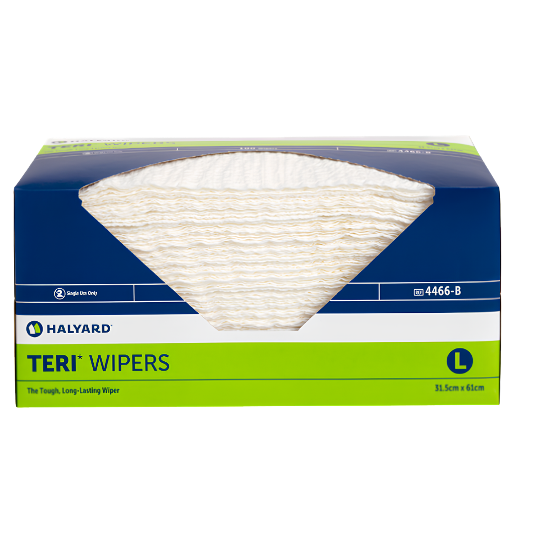Halyard Teri Wipes 31.5 x 61cm provide soft, durable disposable cleansing support for patient hygiene, continence care, and everyday healthcare cleaning tasks.