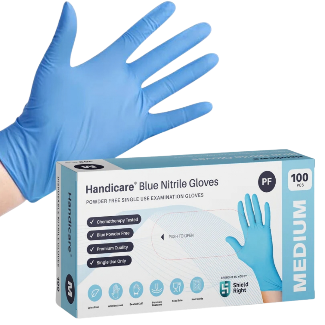 Handicare Blue Nitrile Disposable Gloves provide durable, latex-free protection with textured fingertips, available in sizes from extra small to 2XL.