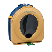 A yellow HeartSine carry case with a black pad inside, designed for medical equipment storage.