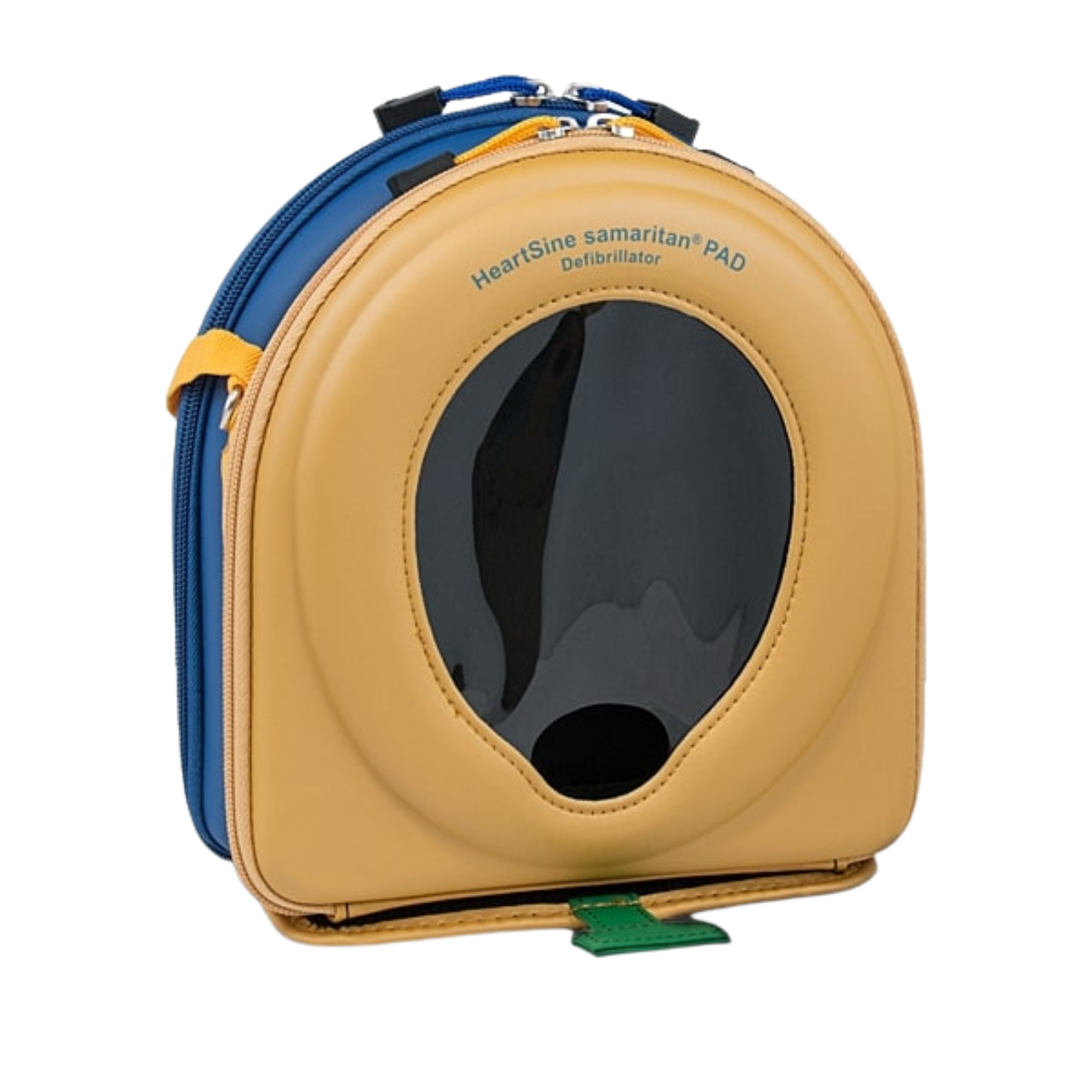 A yellow HeartSine carry case with a black pad inside, designed for medical equipment storage.