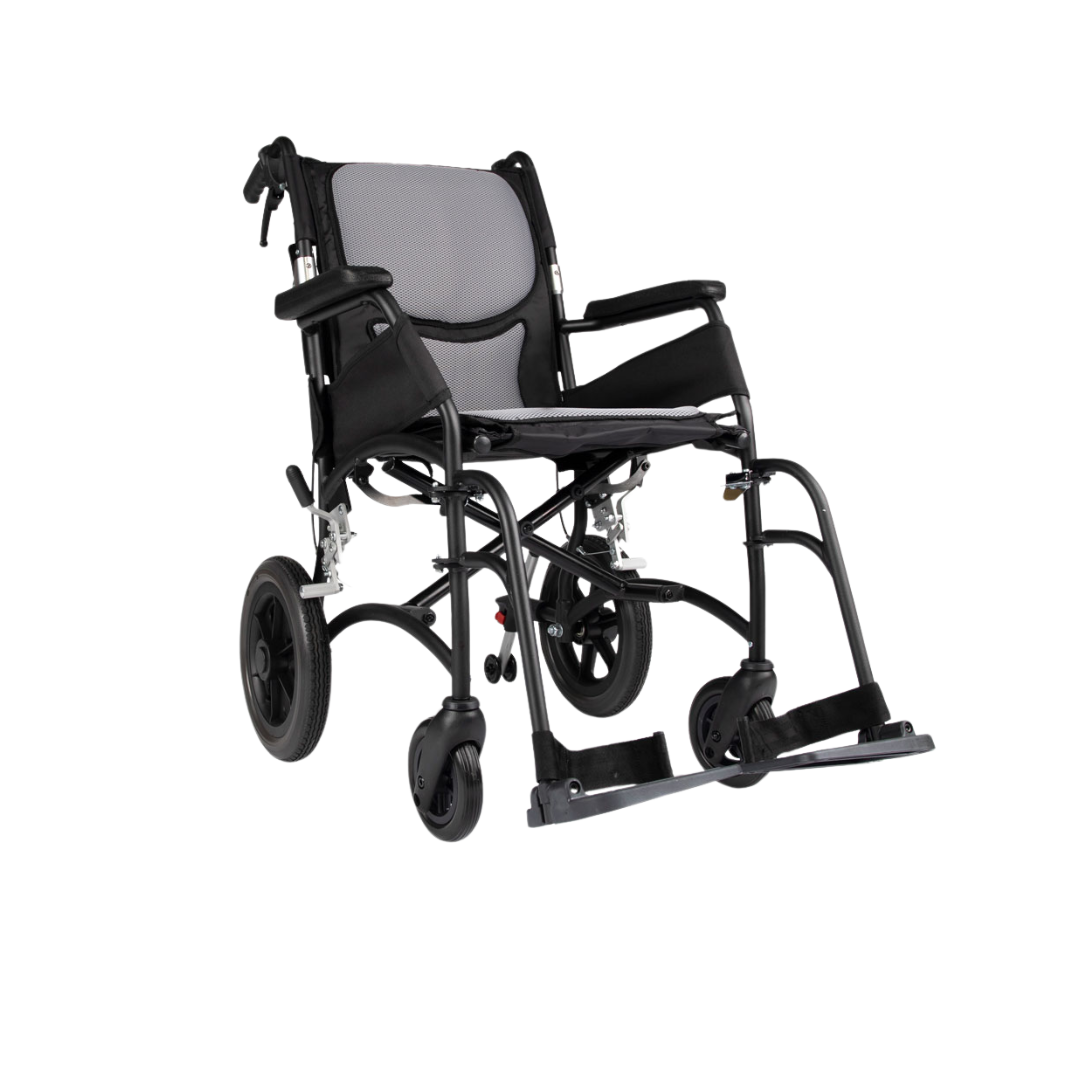 Hero Medical Comfy Lite Transit Wheelchair – lightweight foldable transit wheelchair with swing-away footrests and padded seating