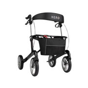 Hero Medical Euro Lite Carbon Fibre Seat Walker with ergonomic handles, padded seat, and foldable frame.