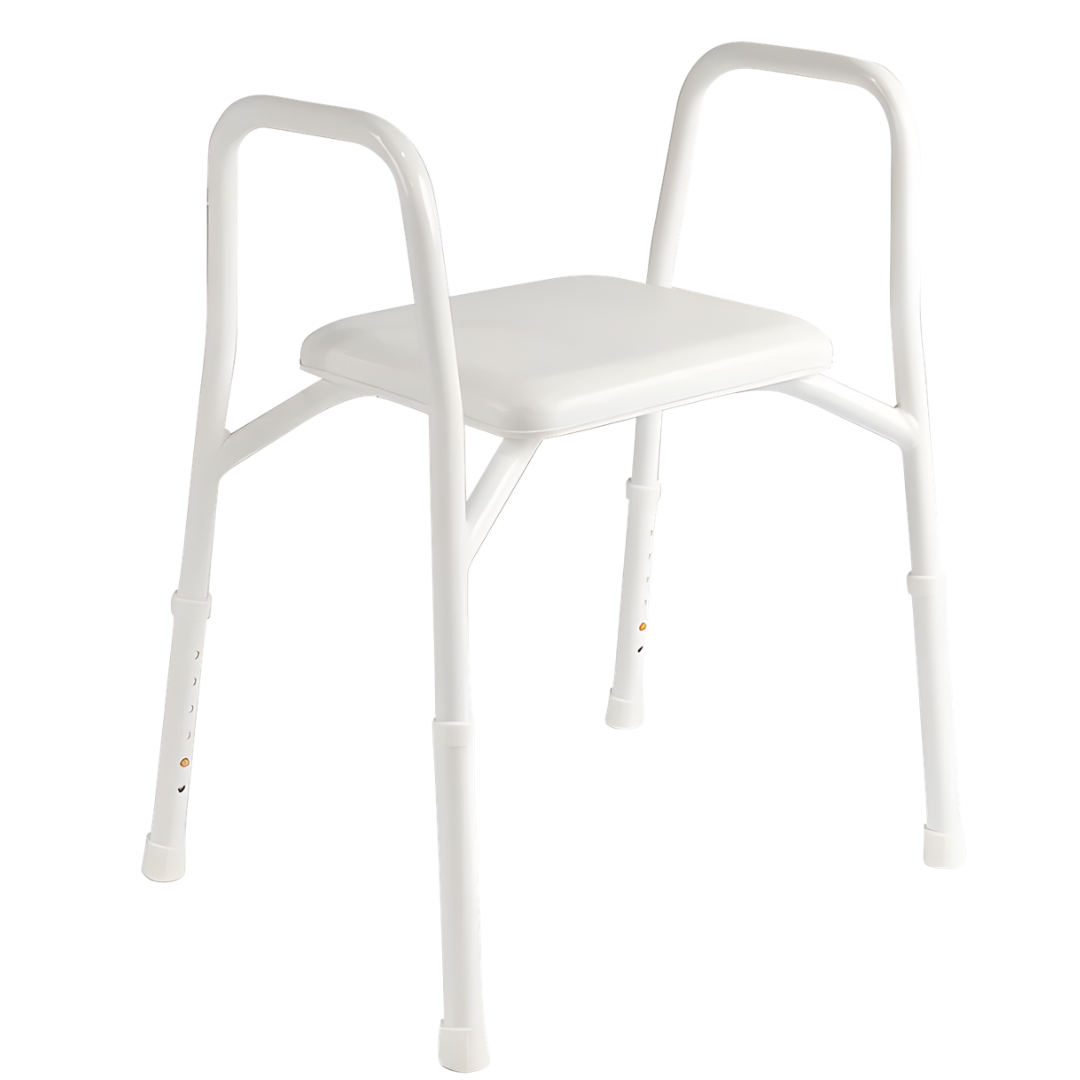 Hero Medical aluminium rust free padded shower stool and chair providing safe, stable and comfortable seating support for showering in home care and aged care settings.