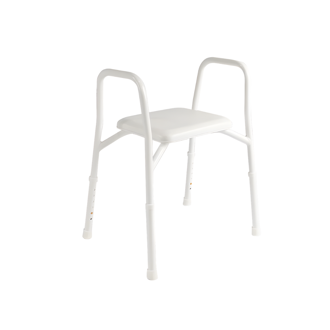 Hero Medical aluminium rust free padded shower stool and chair providing safe, stable and comfortable seating support for showering in home care and aged care settings.