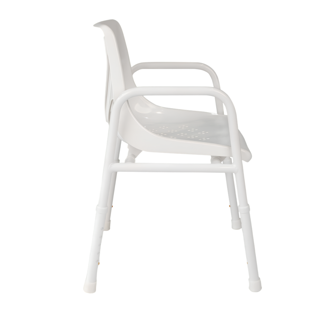 Hero Medical collapsible portable folding shower chair, rust‑free aluminium frame, lightweight design, easy storage, supports safe bathing and independence.