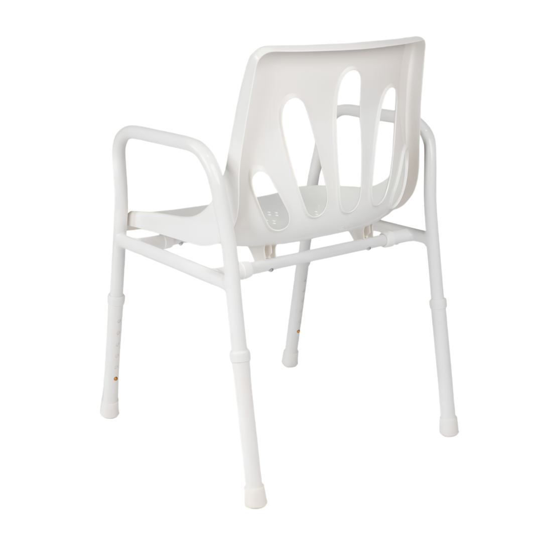 Hero Medical collapsible portable folding shower chair, rust‑free aluminium frame, lightweight design, easy storage, supports safe bathing and independence.