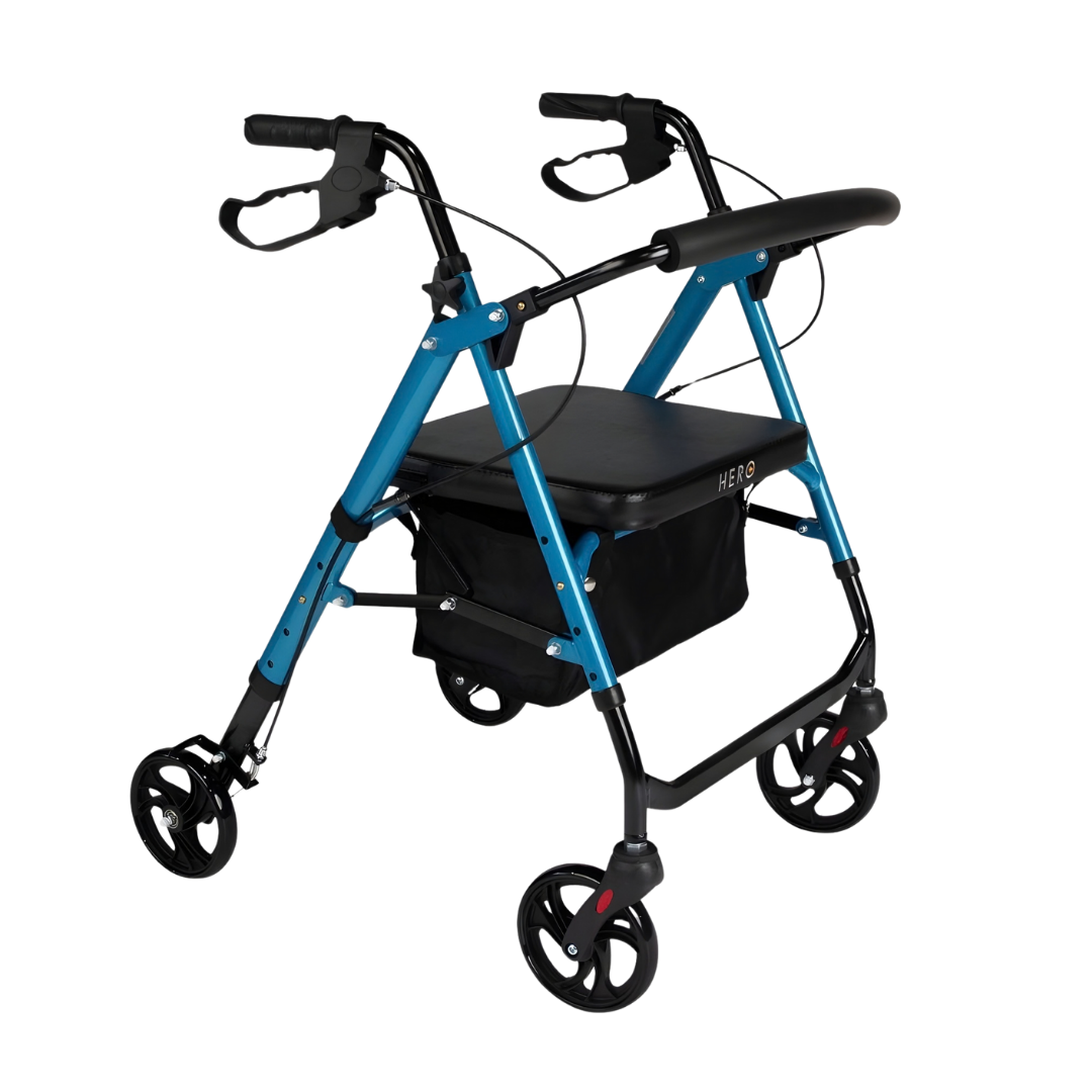 Hero Medical Deluxe Seat Walker with adjustable height, available in blue and burgundy, foldable frame with padded seat.