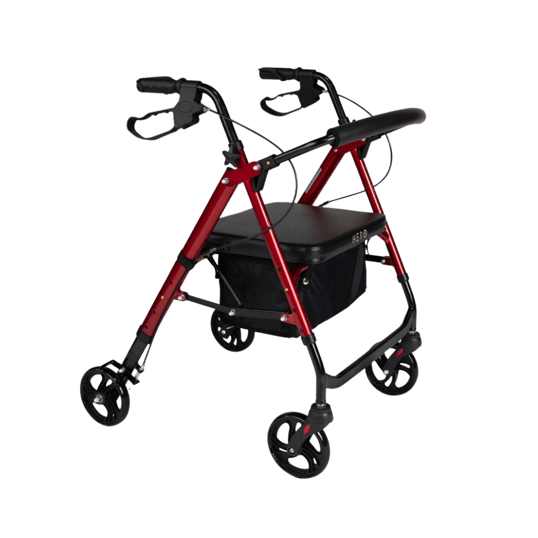 Hero Medical Deluxe Seat Walker with adjustable height, available in blue and burgundy, foldable frame with padded seat.
