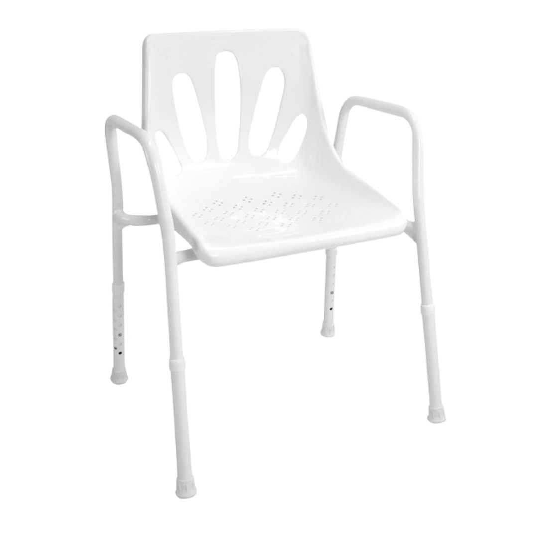 Hero Medical extra wide shower chair with rust‑free aluminium frame, broad seat for bariatric support, stable lightweight design, promotes safe independent bathing.