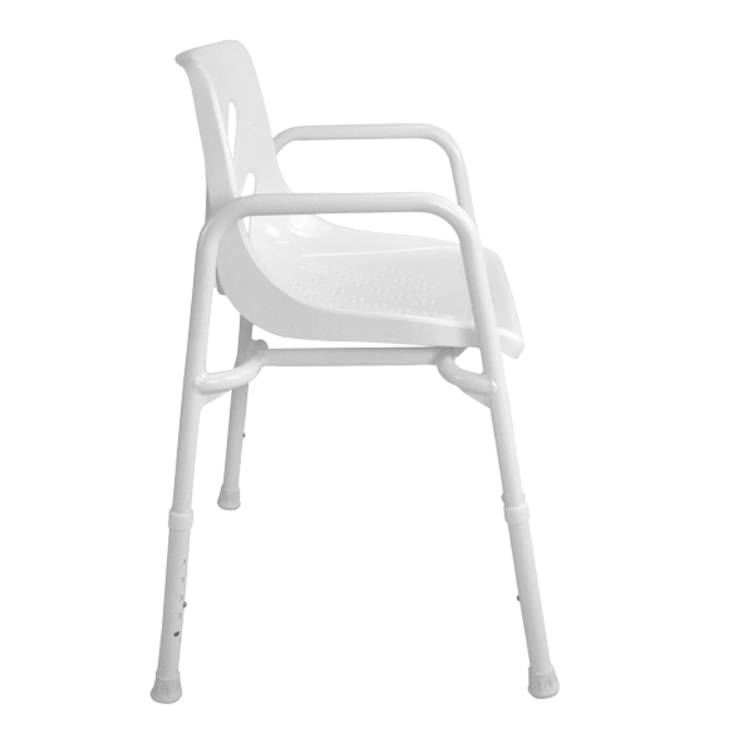 Hero Medical extra wide shower chair with rust‑free aluminium frame, broad seat for bariatric support, stable lightweight design, promotes safe independent bathing.