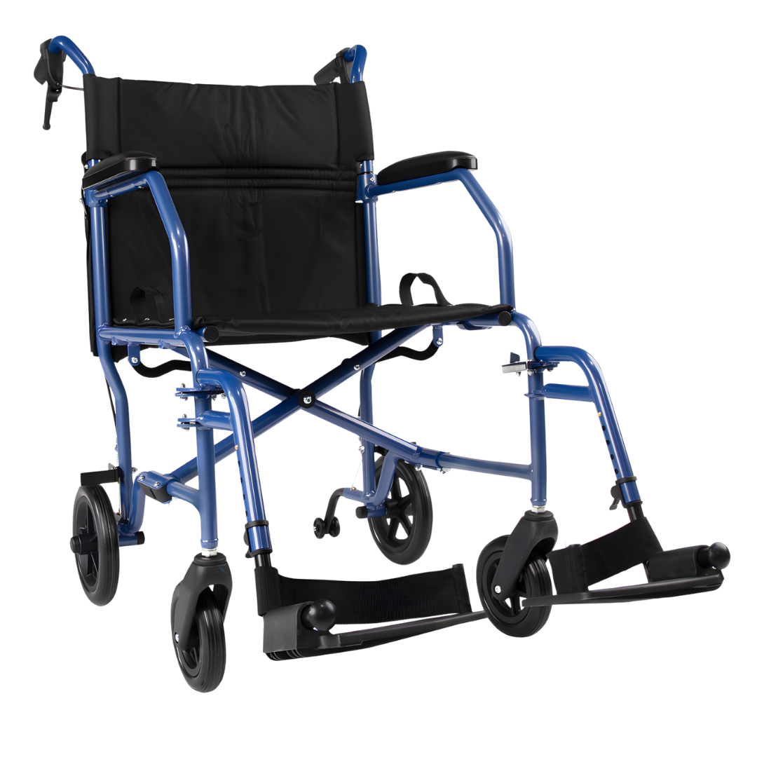 Hero Medical Feather Lite Wheelchair 18" available in Blue, Red, and Silver, lightweight design for everyday mobility support.
