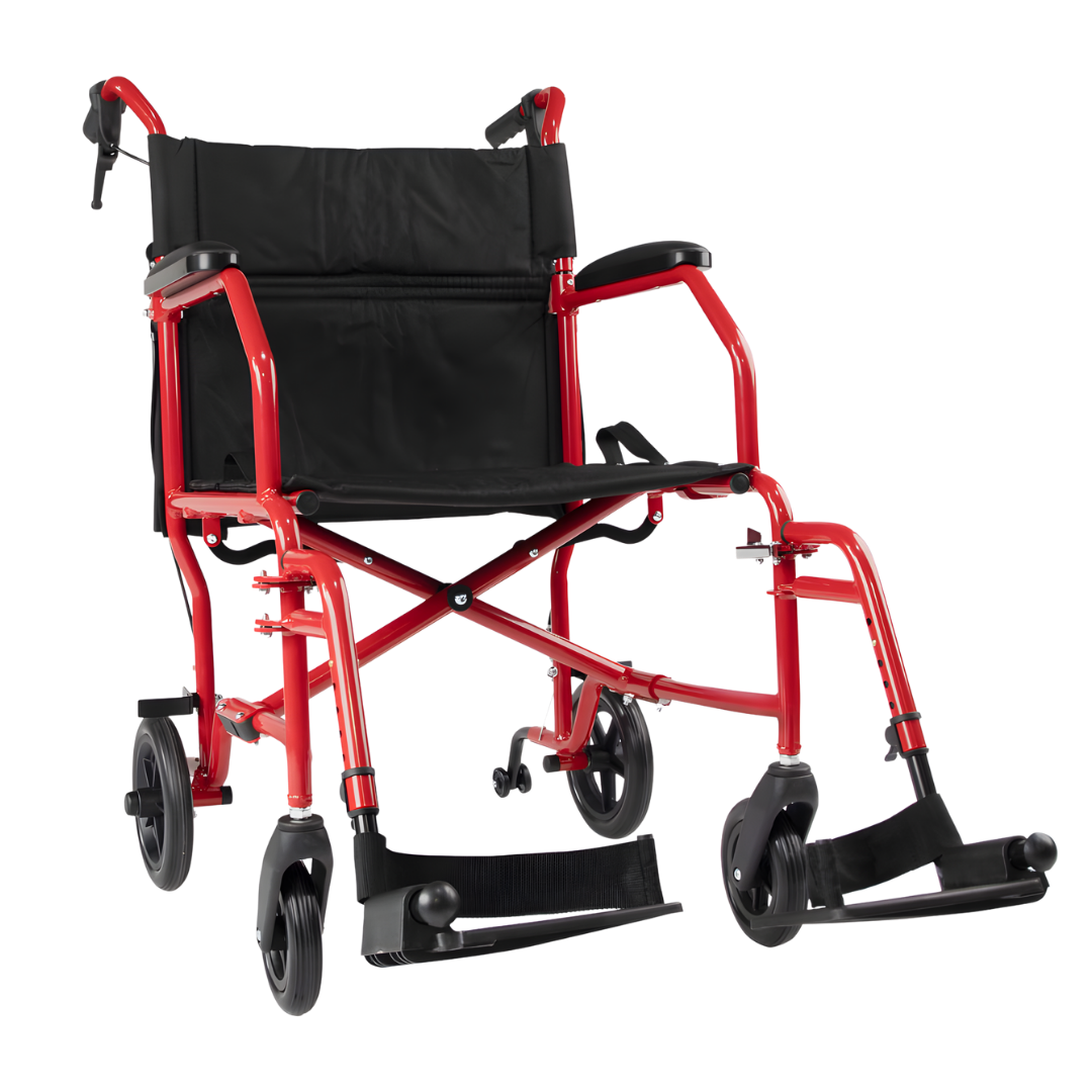 Hero Medical Feather Lite Wheelchair 18" available in Blue, Red, and Silver, lightweight design for everyday mobility support.
