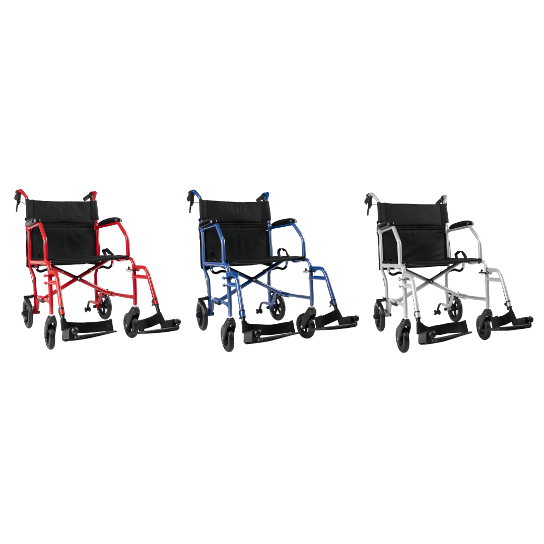 Hero Medical Feather Lite Wheelchair 18" available in Blue, Red, and Silver, lightweight design for everyday mobility support.