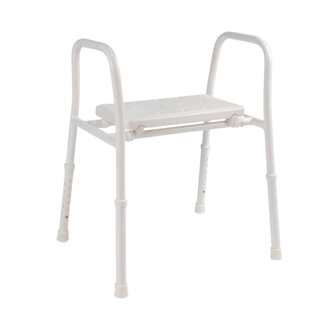 Hero Medical folding portable shower stool with rust‑free aluminium frame, lightweight collapsible design, stable support, and safe aid for independent bathing.