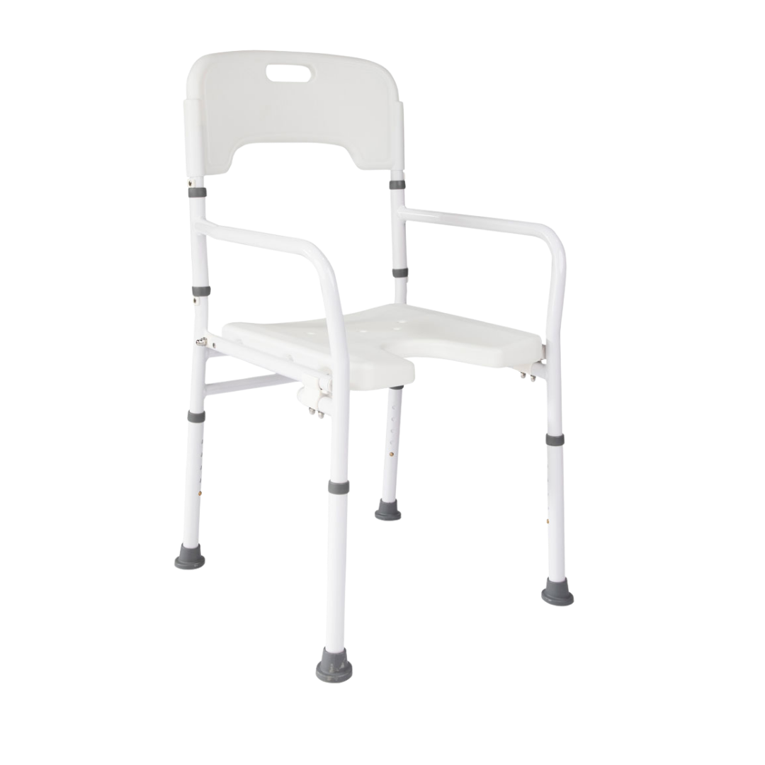 Hero Medical folding shower chair with rust‑free aluminium frame, lightweight collapsible design, stable support, and safe aid for independent bathing.