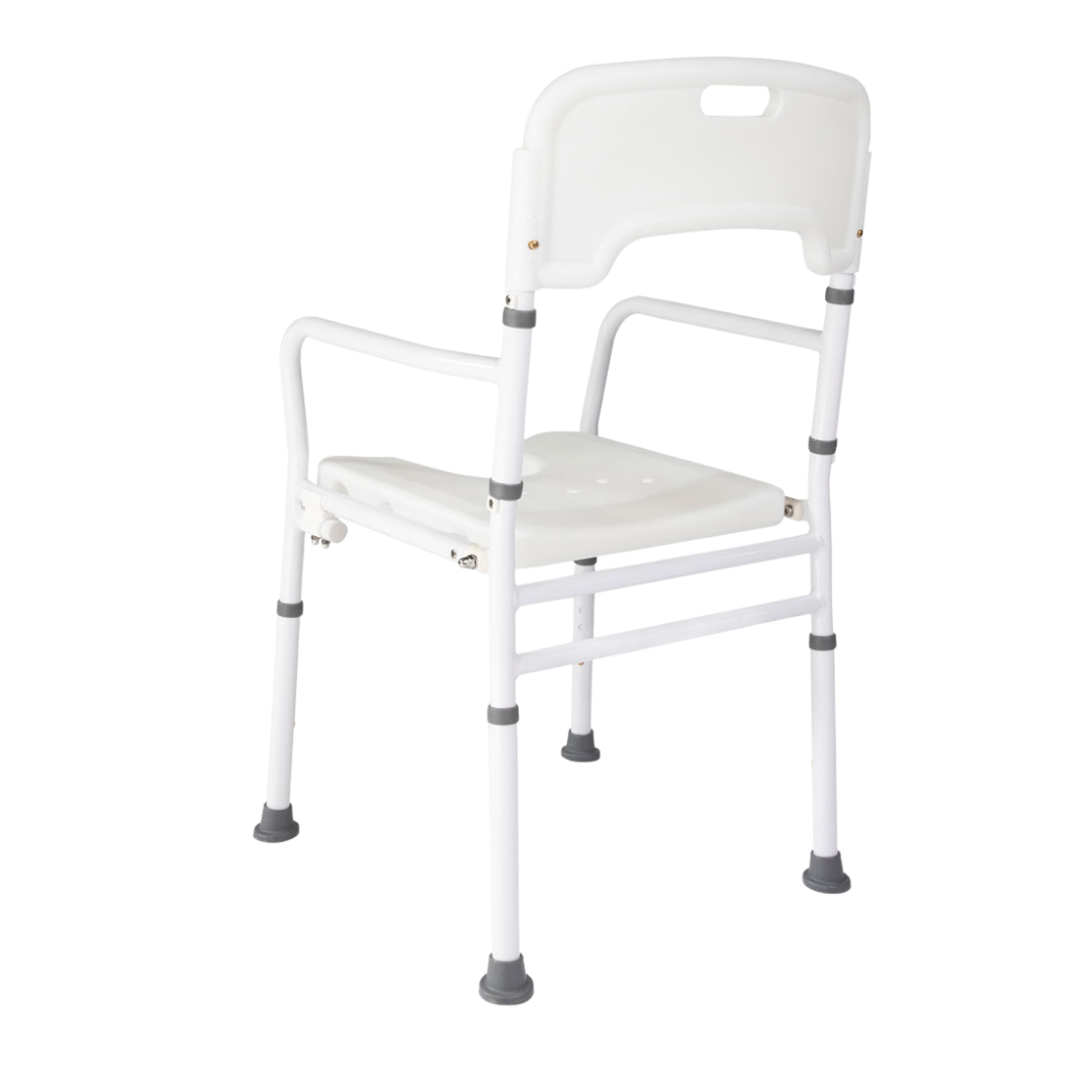 Hero Medical folding shower chair with rust‑free aluminium frame, lightweight collapsible design, stable support, and safe aid for independent bathing.
