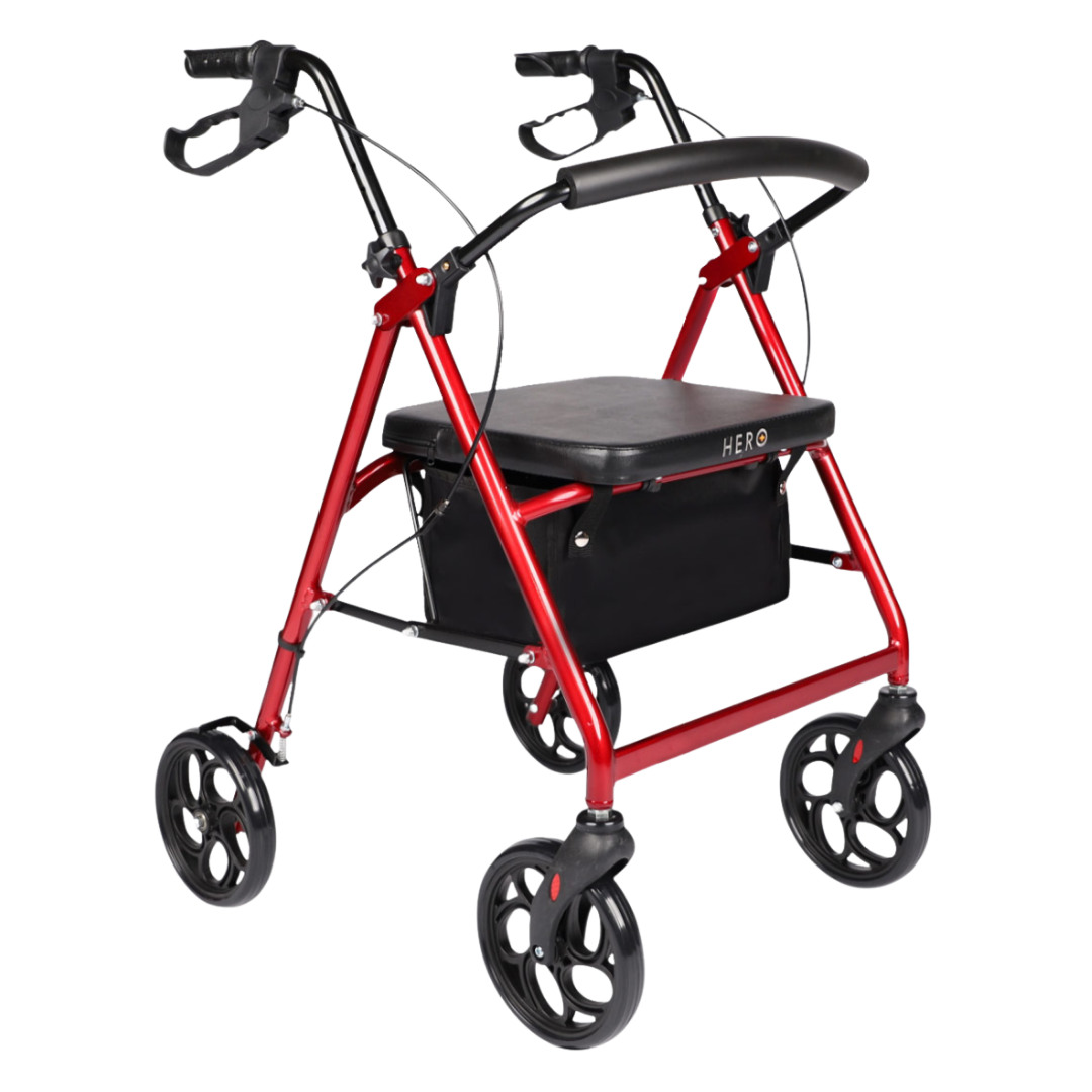 Hero Medical Quad Seat Walker with 8″ wheels, sturdy frame, padded seat, ergonomic handles, and stable design for safe mobility and independence.