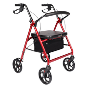 Hero Medical Quad Seat Walker with 8″ wheels, sturdy frame, padded seat, ergonomic handles, and stable design for safe mobility and independence.