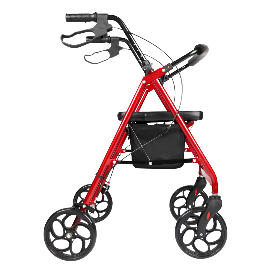 Hero Medical Quad Seat Walker with 8″ wheels, sturdy frame, padded seat, ergonomic handles, and stable design for safe mobility and independence.