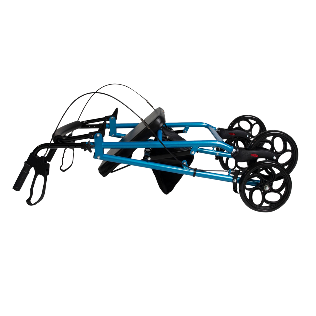 Hero Medical Quad Seat Walker with 8″ wheels, sturdy frame, padded seat, ergonomic handles, and stable design for safe mobility and independence.