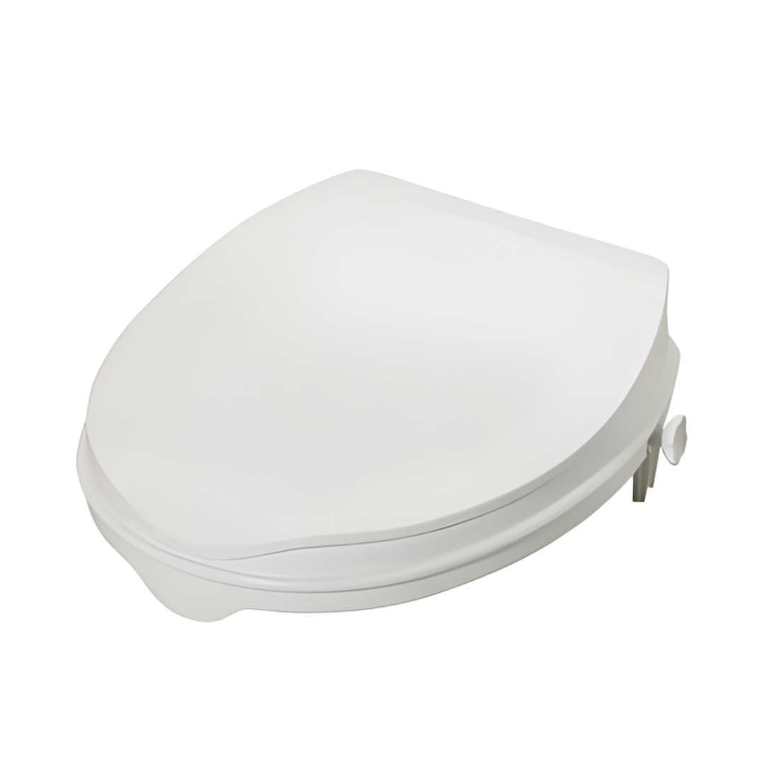 Hero Medical raised toilet seat available in 5cm and 10cm with or without lid, designed to improve bathroom safety and comfort for mobility support.